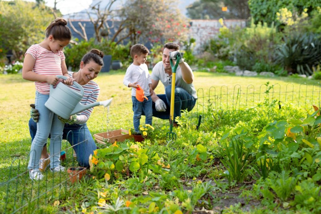 Family Gardening and watering plants together